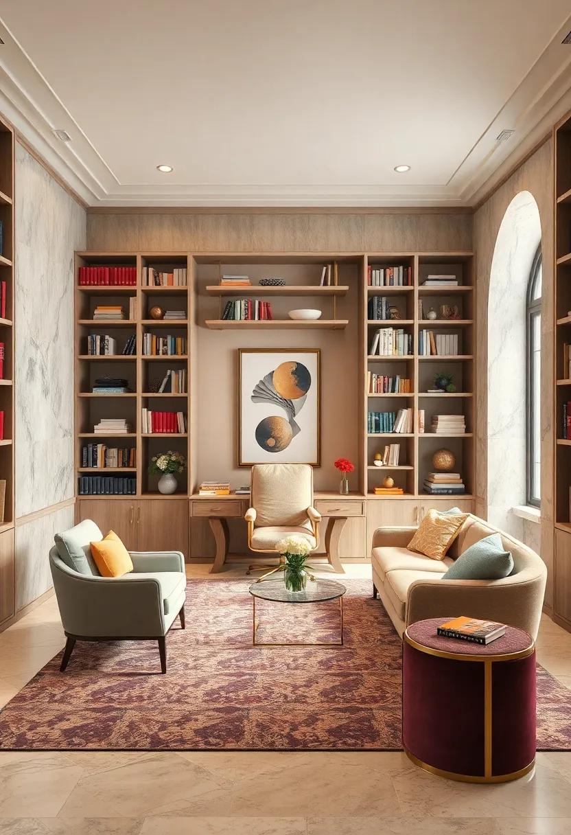 An Opulent Workspace Surrounded By Floor-to-Ceiling Bookshelves With Brass Gold Handles And Accents