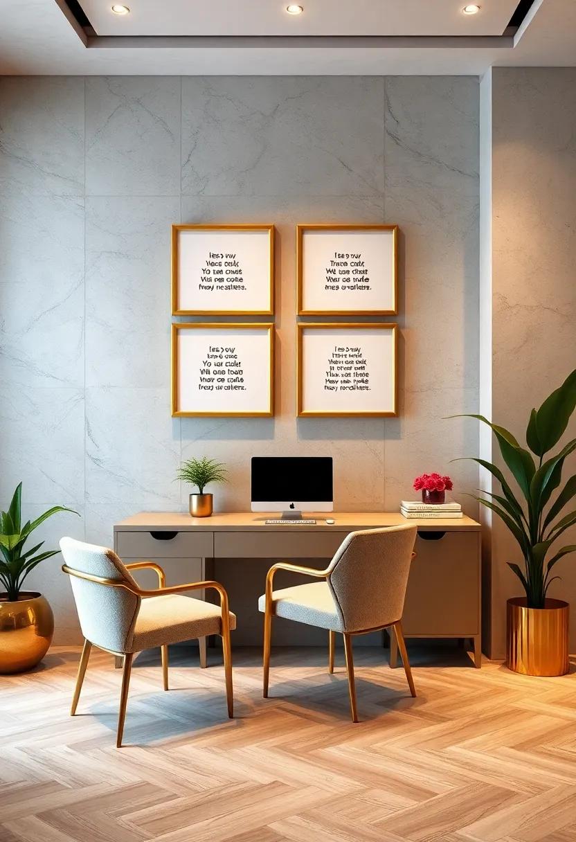 Gilded Picture Frames Displaying Inspirational Quotes Above A Streamlined Workstation With Clean Lines