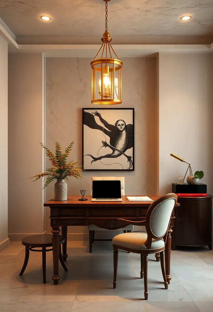 Soft-lit Gold Lanterns Hanging Above An Antique Wooden Desk For A Warm And Inviting Working Atmosphere