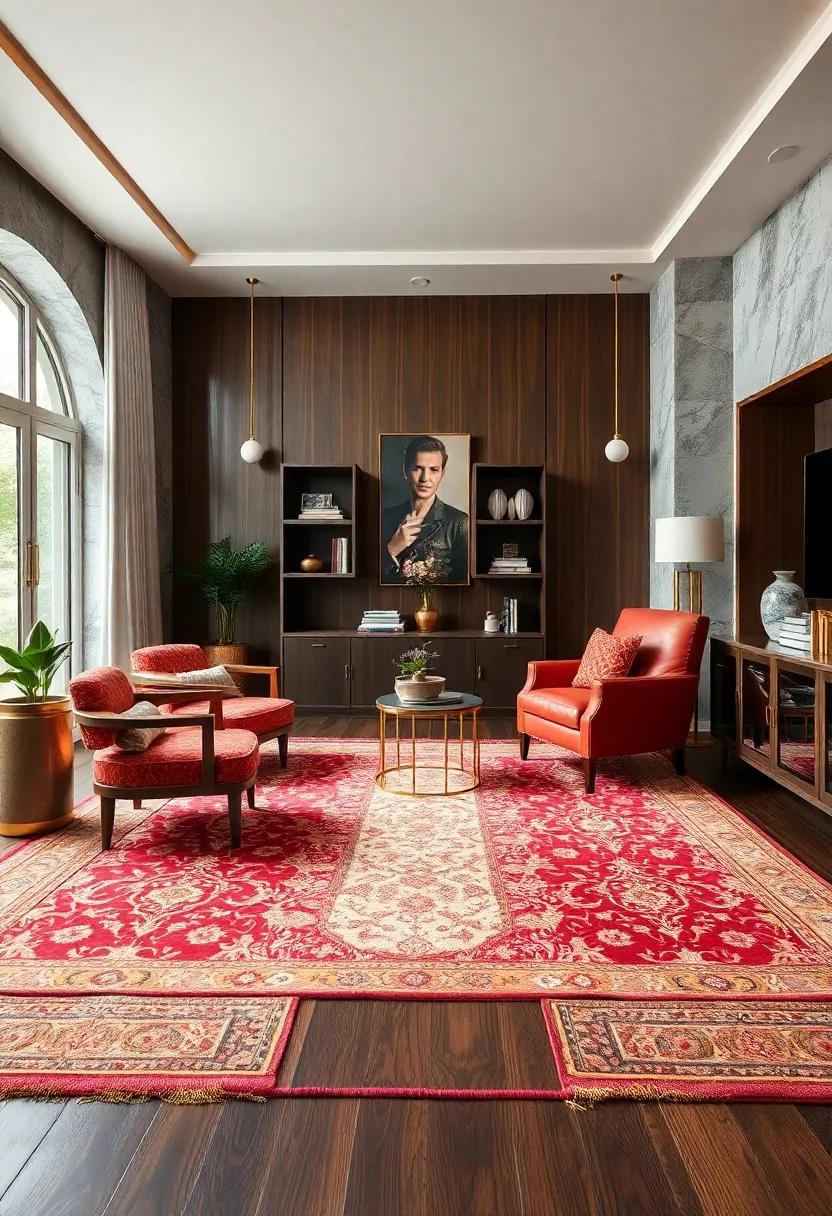 Luxurious Persian-Inspired Rugs With Gold Thread Accents Complementing Dark Wood Flooring In A Home Office