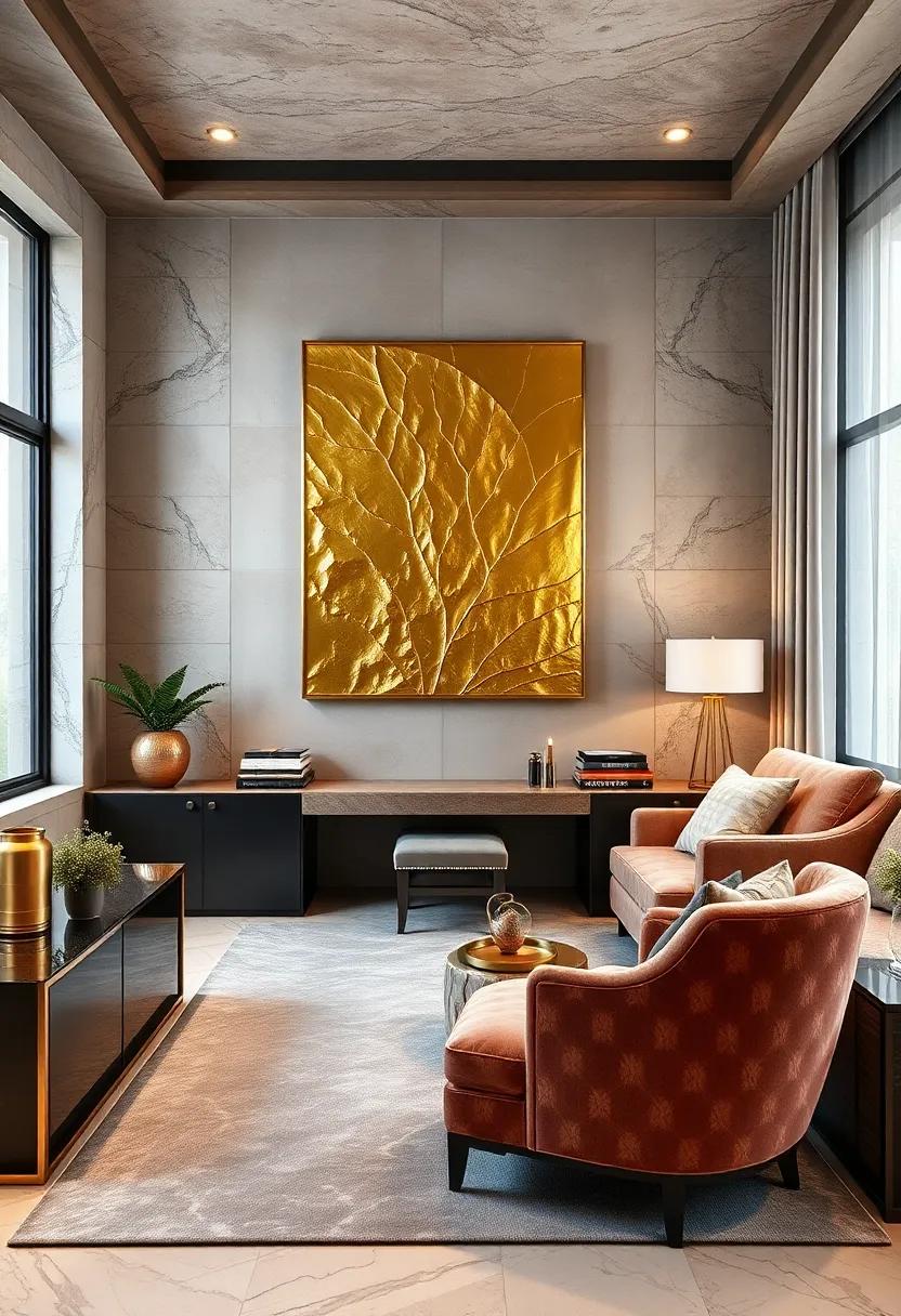 A Sophisticated Home Office Featuring Gold Leaf Wall Art And Plush Textured Fabrics For Ultimate Luxury