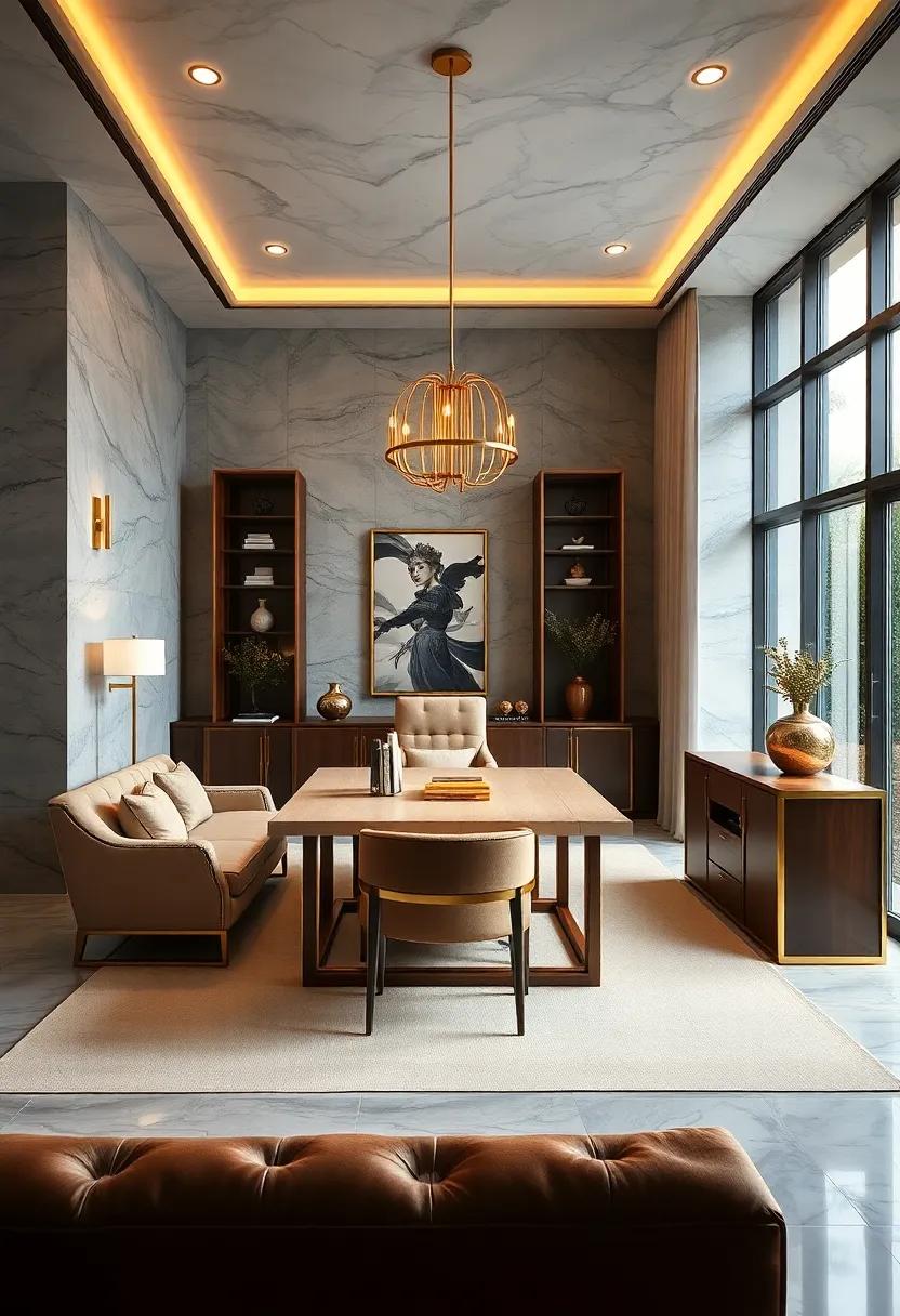 Art Deco Inspired Home Office With Sharp Lines And Gold Fixtures Adding Glamour And Structure