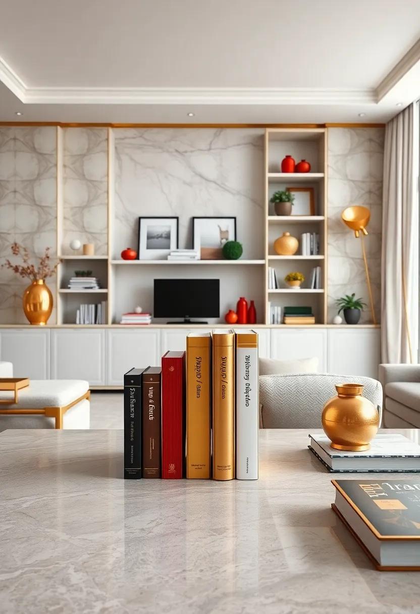 Tall Gold Bookends Holding Classic Literature Amidst A Well-Organized And Stylish Study Room