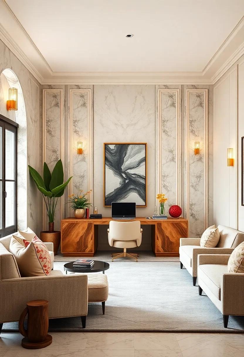 Soft Cream Walls Paired With Gold Wall Sconces Casting A Warm Glow Over A Luxe Home Study