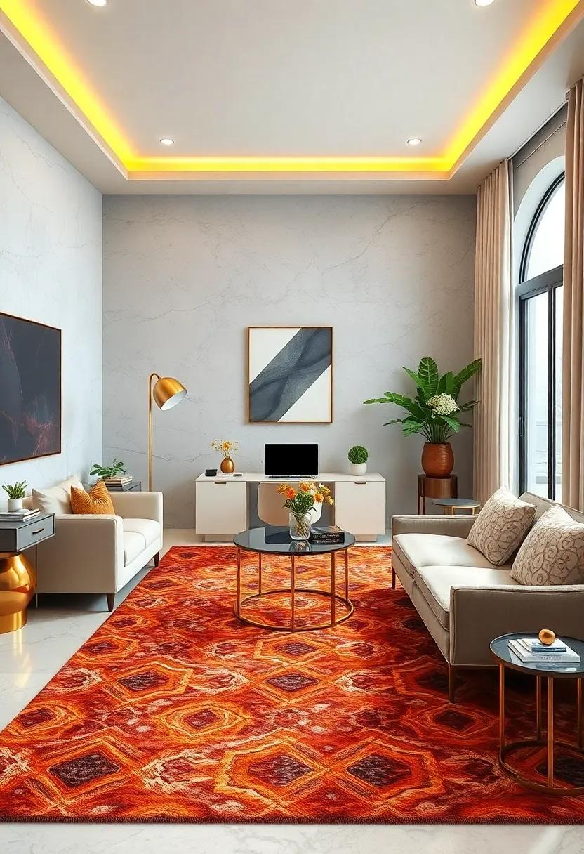 Geometric Gold Patterns On A Statement Area Rug Bringing Visual Interest To An Otherwise Neutral Office