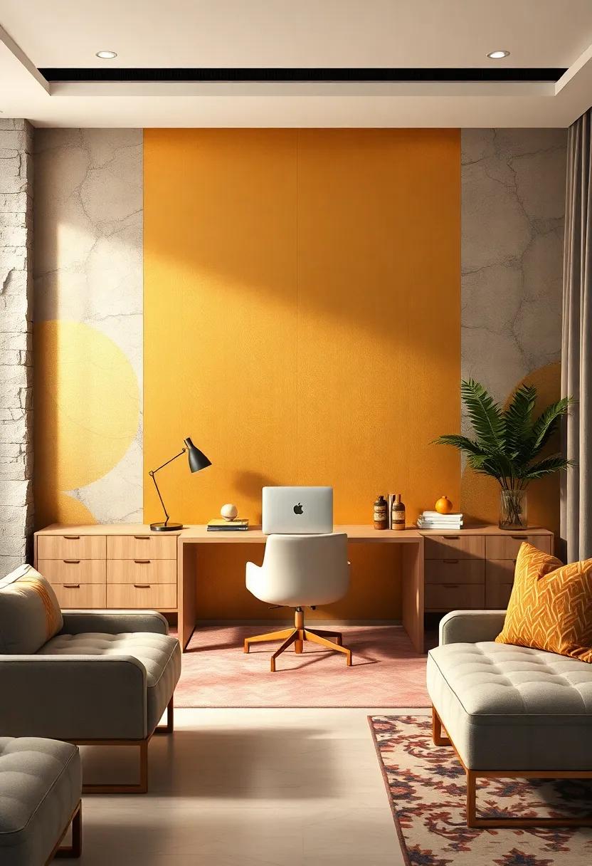 A Monochromatic Gold Accent Wall Featuring Delicate Patterns Behind A Modern Desk Setup