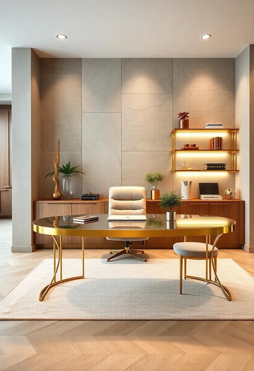 A Curved Gold Metal Desk Paired With Matching Shelves Emphasizing Fluidity And Elegance In Design