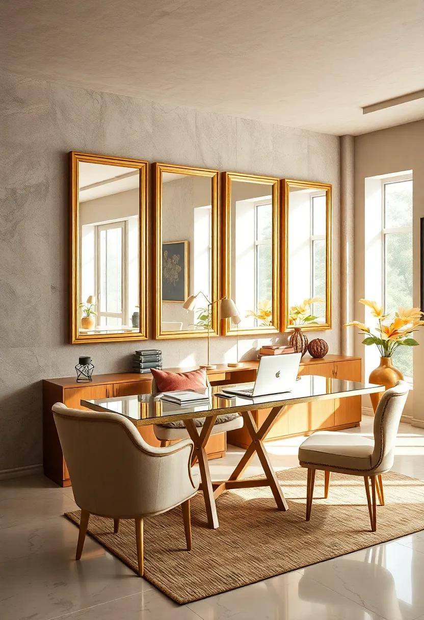 Gold Framed Mirrors Reflecting Natural Light To Expand And Brighten A Chic And Stylish Work Area