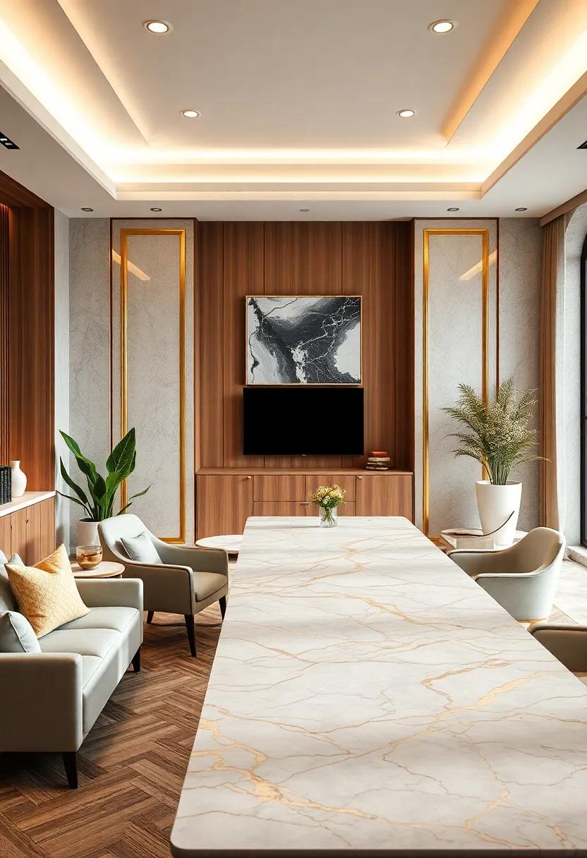 Elegant Marble Tabletops With Delicate Gold Veining Anchoring Sophisticated Workspace Designs