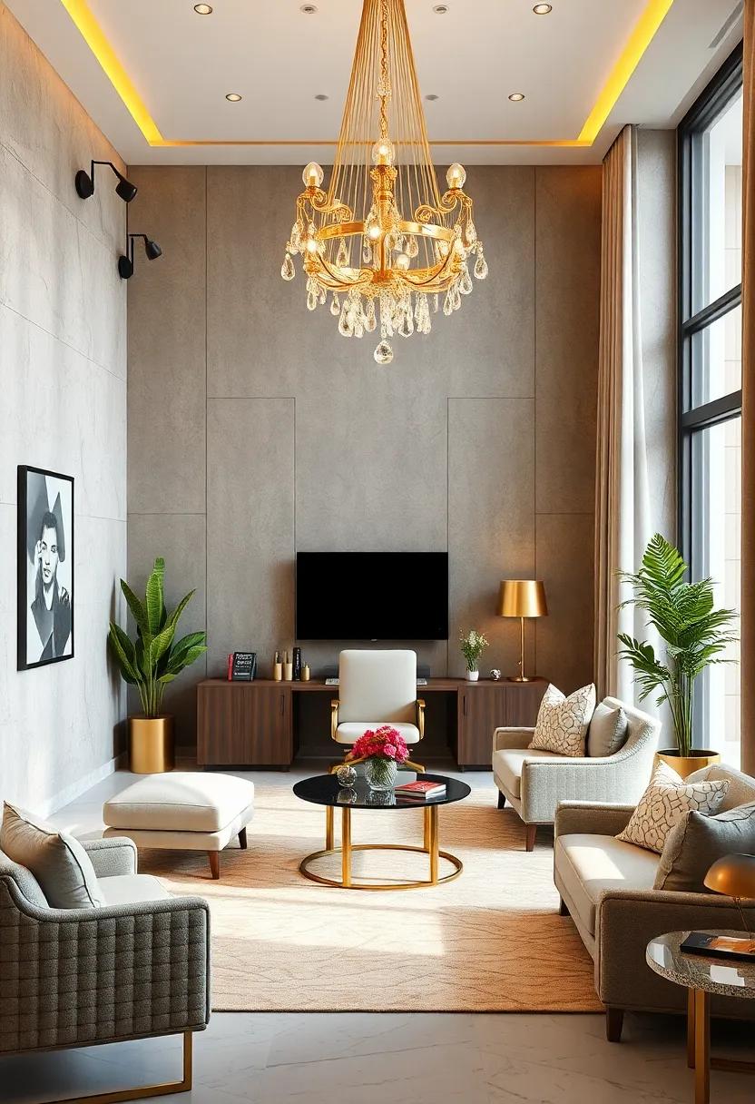 An Artistic Gold Chandelier As A Focal Point Over A Stylish Workspace With Contemporary Furnishings