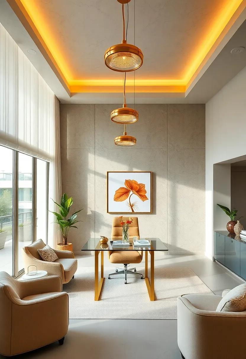 Contemporary Gold Lighting Fixtures Suspended Above A Glass Desk Illuminating A Clean And Airy Room