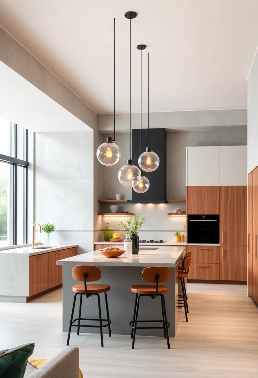 Elegant Pendant Trio: A cluster of three sleek pendant lights can​ create visual interest and illuminate your kitchen‍ island beautifully