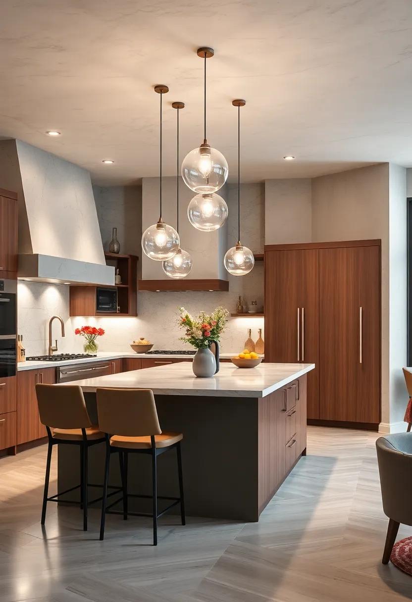 Glass Globe Pendants: A series of glass globe pendants can add a contemporary and airy feel, while diffusing light evenly across your⁤ island