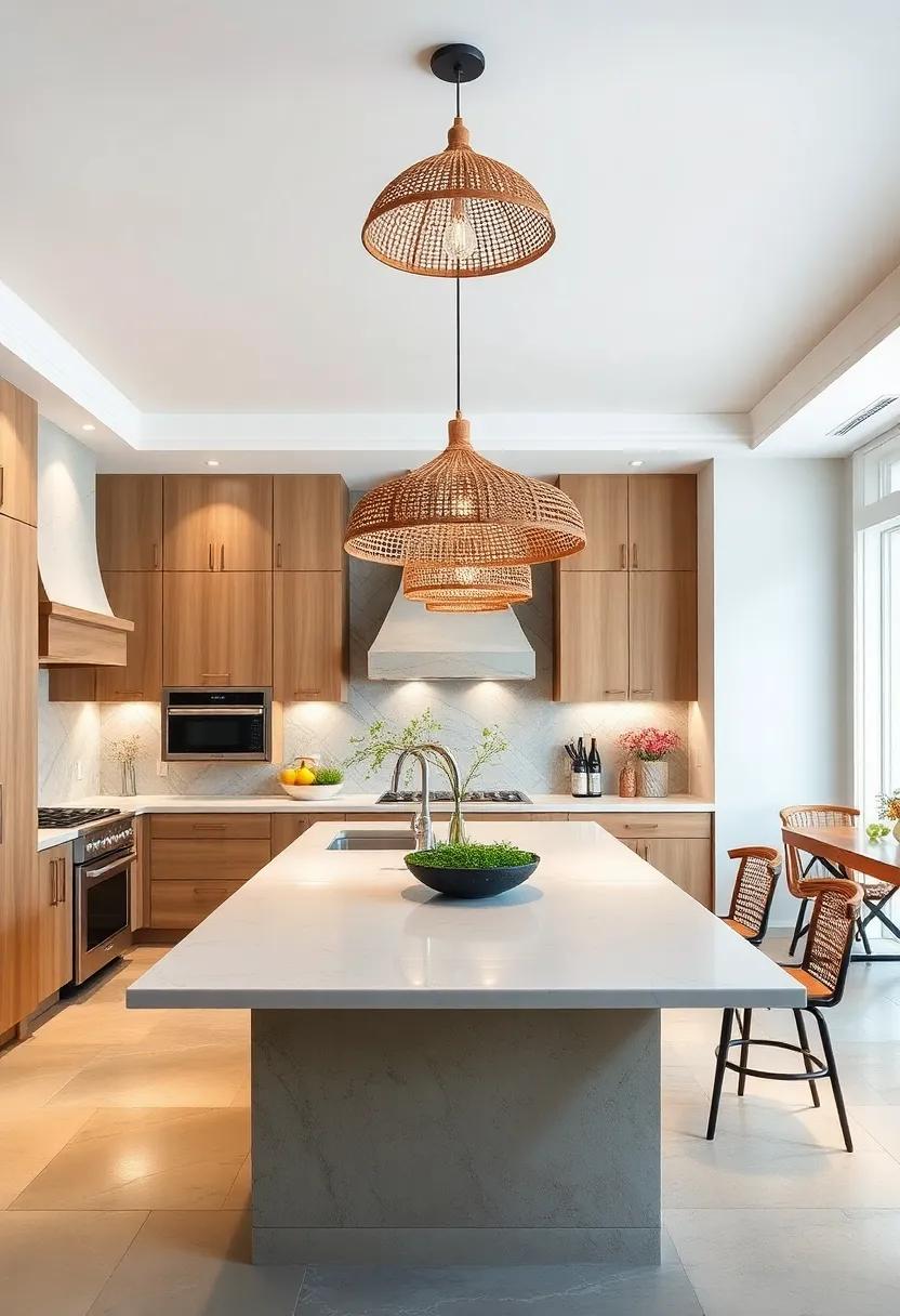 Nature-Inspired Fixtures: Embrace nature with wood or rattan-topped lights that evoke a warm and earthy vibe in your kitchen space