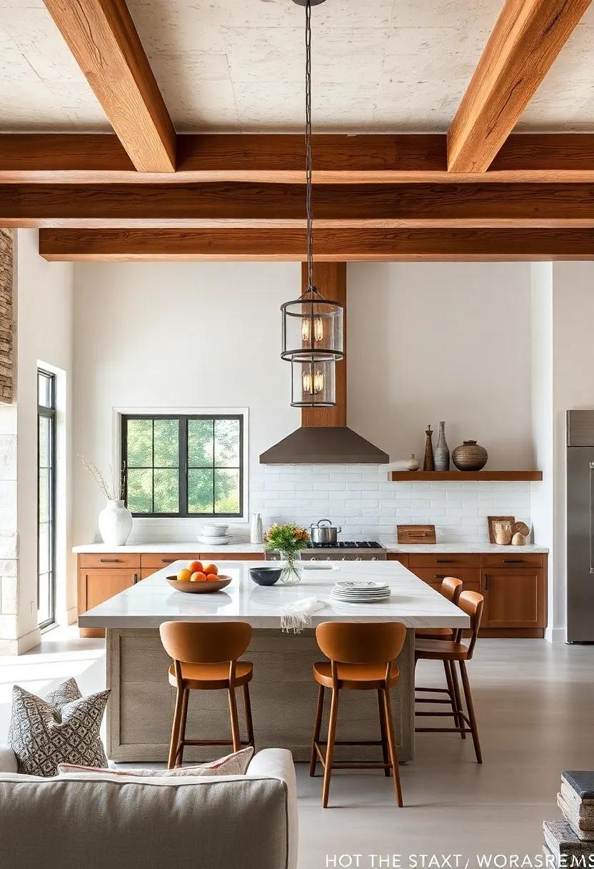 rustic ‍Wood Beams: Pair exposed wooden beams with rustic pendant lights to create an inviting, farmhouse-inspired kitchen island