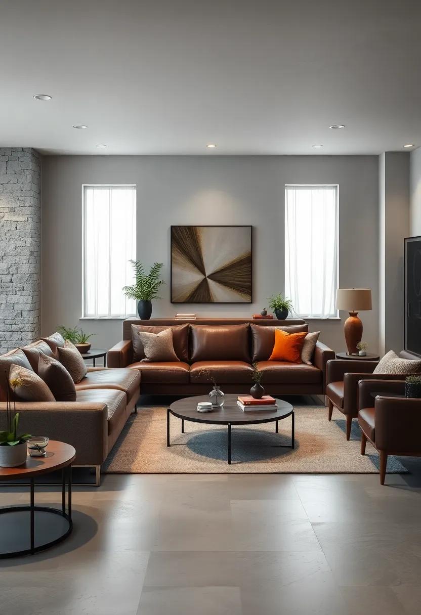 A bold leather ​sofa as the centerpiece to convey strength and comfort
