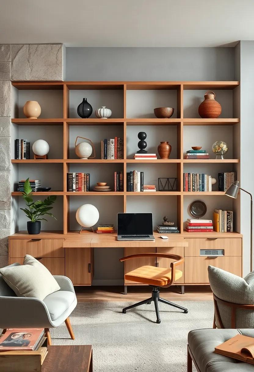 Open Shelving Units Displaying Mid-Century Modern Decorative Objects and Classic Literature