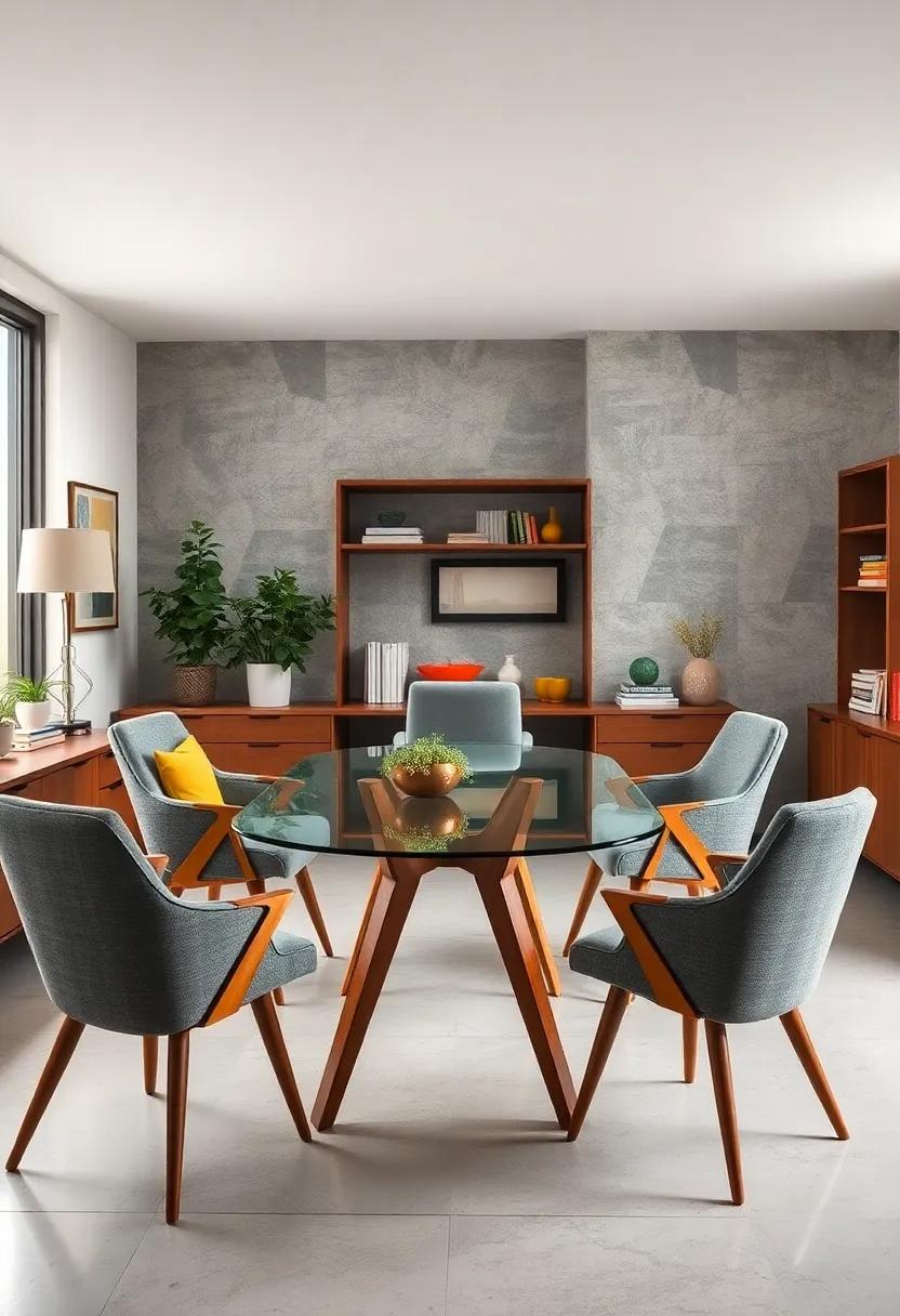 A Glass Top Table with Tapered Wooden Legs Surrounded by Vintage Office Chairs and Storage