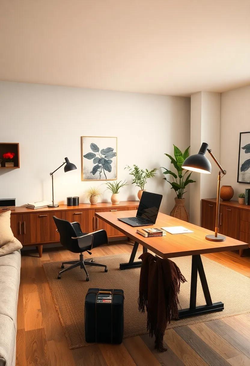 Brass and Matte Black Desk Lamps Casting Warm Pools of Light Over a Streamlined Workspace