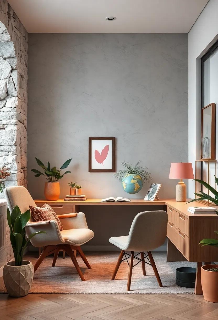 A Palette of Earthy Tones and Pastel Accents Creating a Calming Ambiance in a Vintage Office Corner