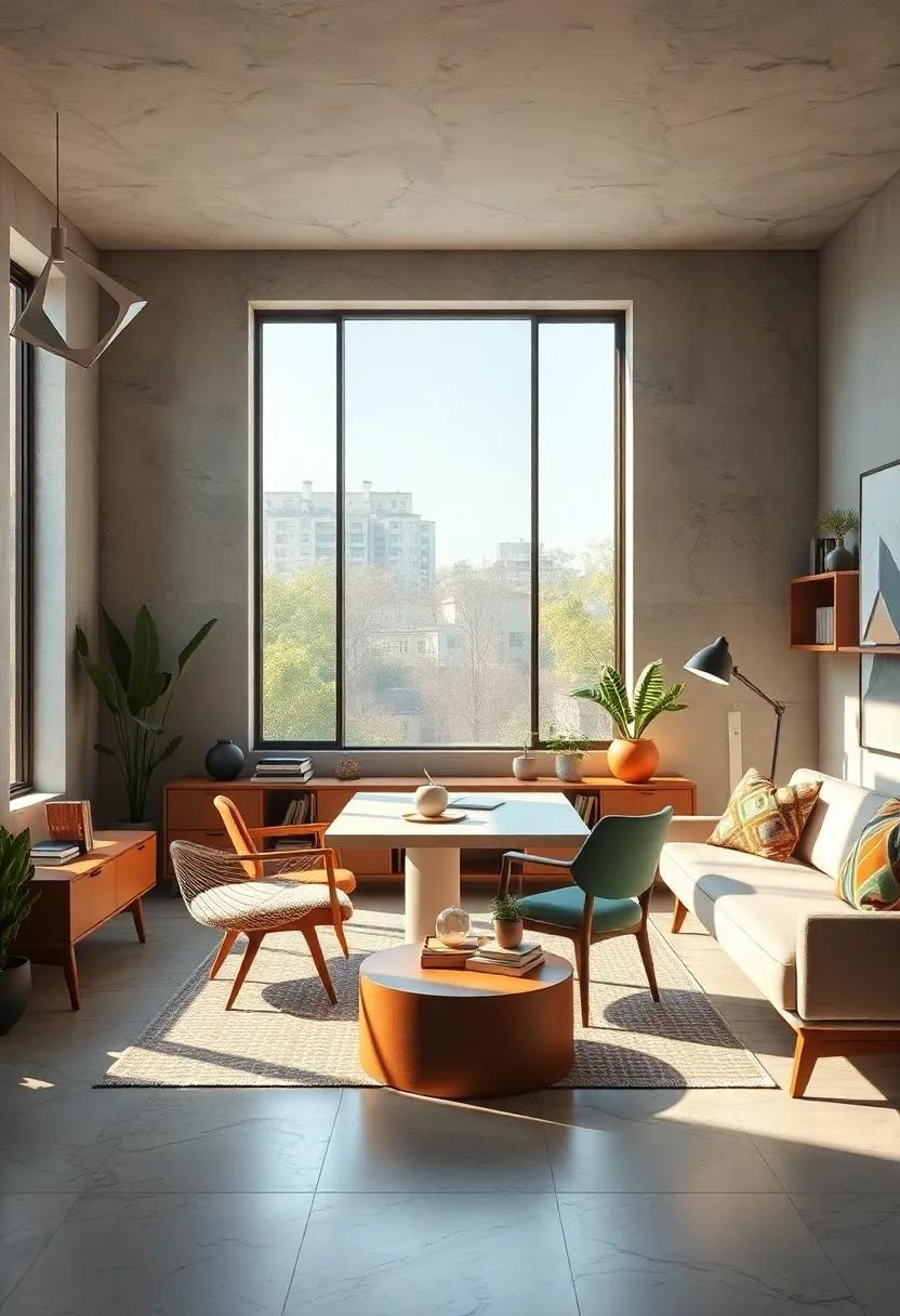 Sunlight Filtering Through Geometric Shaped Windows Illuminating a Minimalist Mid-Century Office Interior