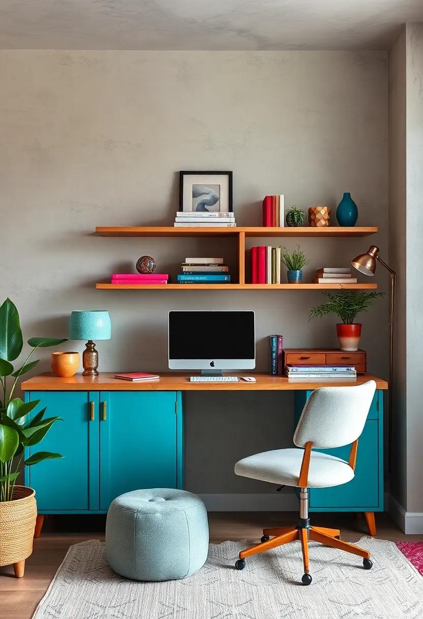 Buffet Cabinets Repurposed for Office Storage in Vibrant Colors with Clean Mid-Century Lines