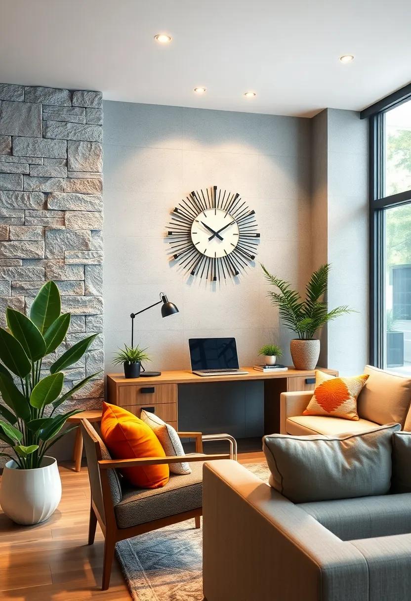 A Statement Starburst Wall Clock Against a Textured Wall Adding Character to a Home Office Space