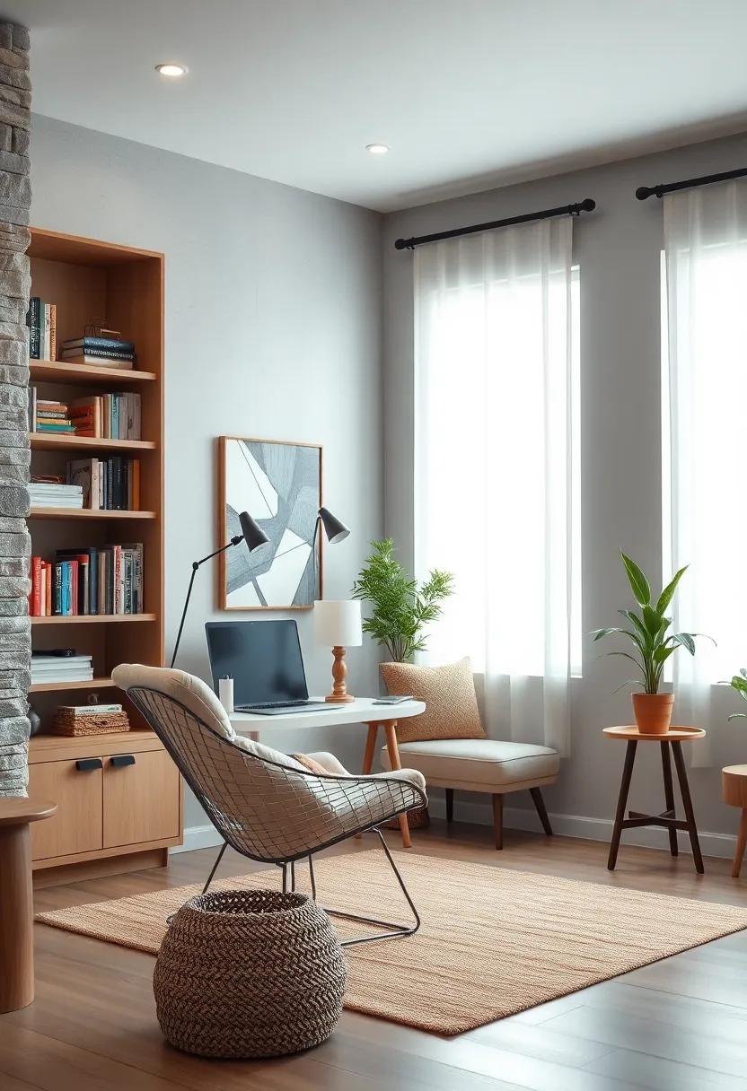 A Cozy Reading Nook with a Wireframe Lounge Chair and Vintage Bookshelves in Retro Style