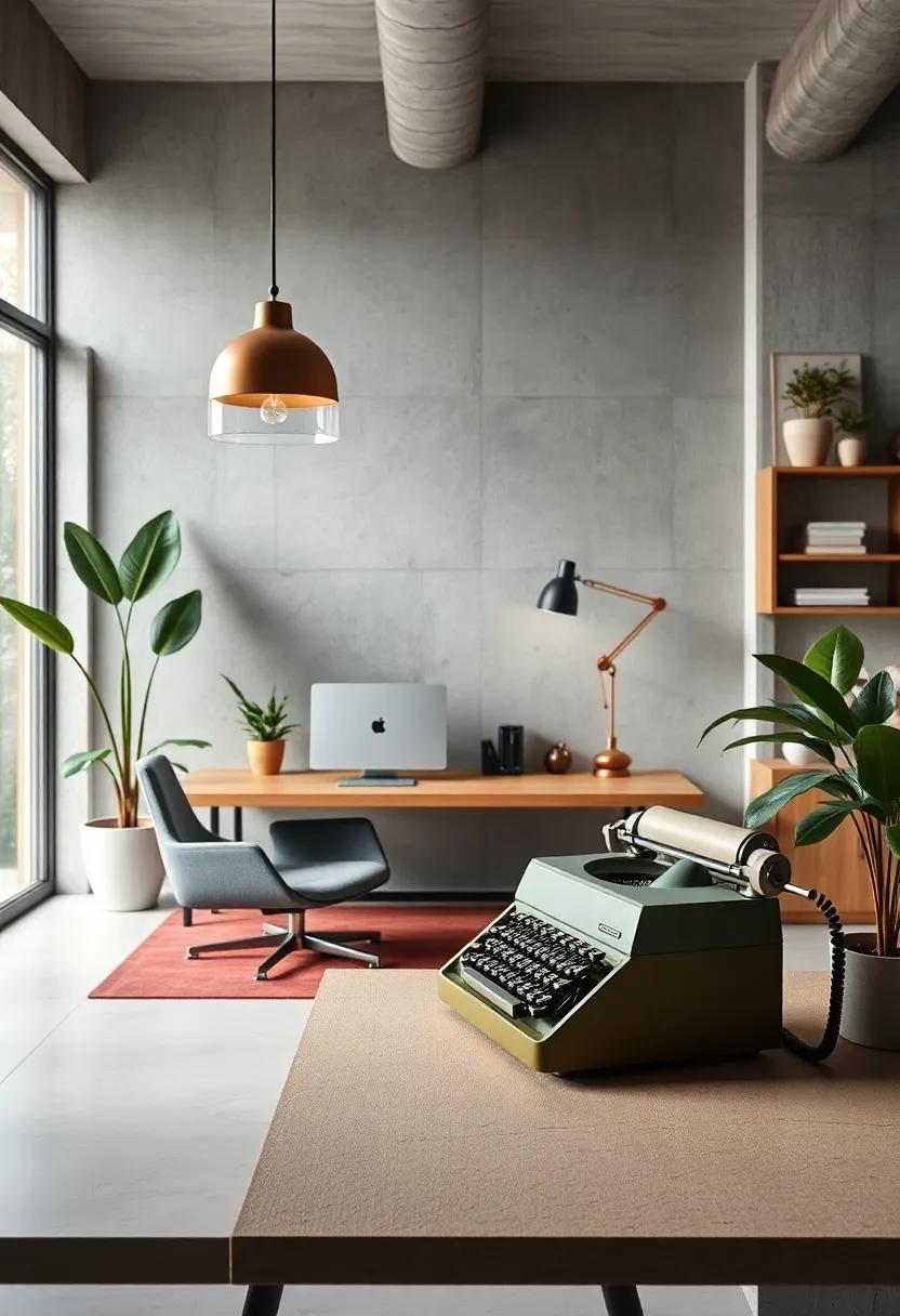 A Retro Telephone and Typewriter Styled Workspace Accessory Collection in a Mid-Century Office