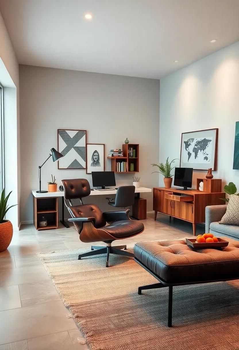 Iconic Eames Lounge Chair and Ottoman Settling Comfortably Into a Retro-Inspired Workspace Setting