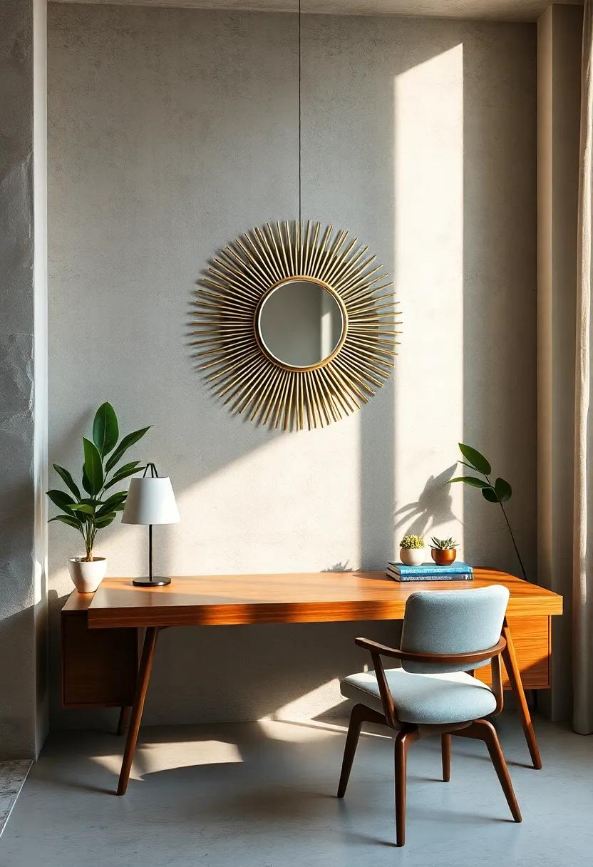 Sunburst Mirrors Hanging Above a Polished Wood Desk Reflecting Light and Expanding Space