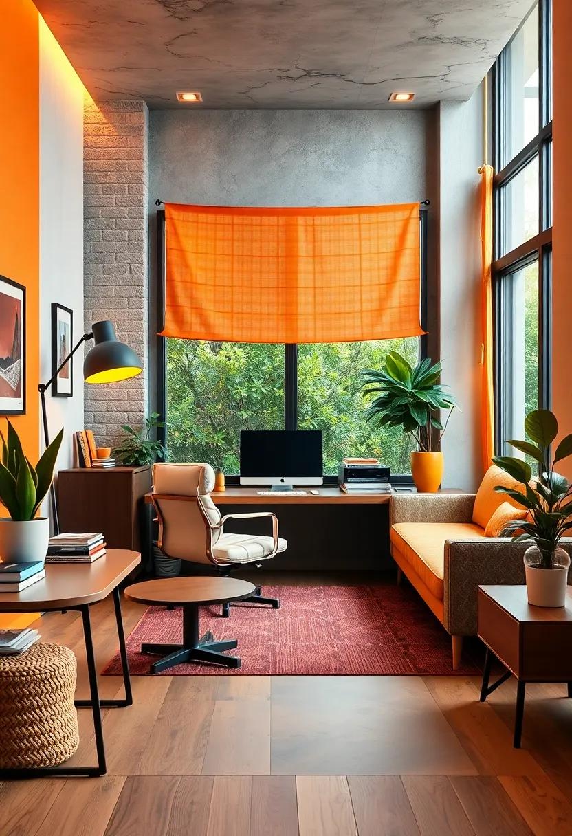 Pops of Bold Orange and Mustard Yellow Accentuating the Retro Vibe of a Functional Office Setup
