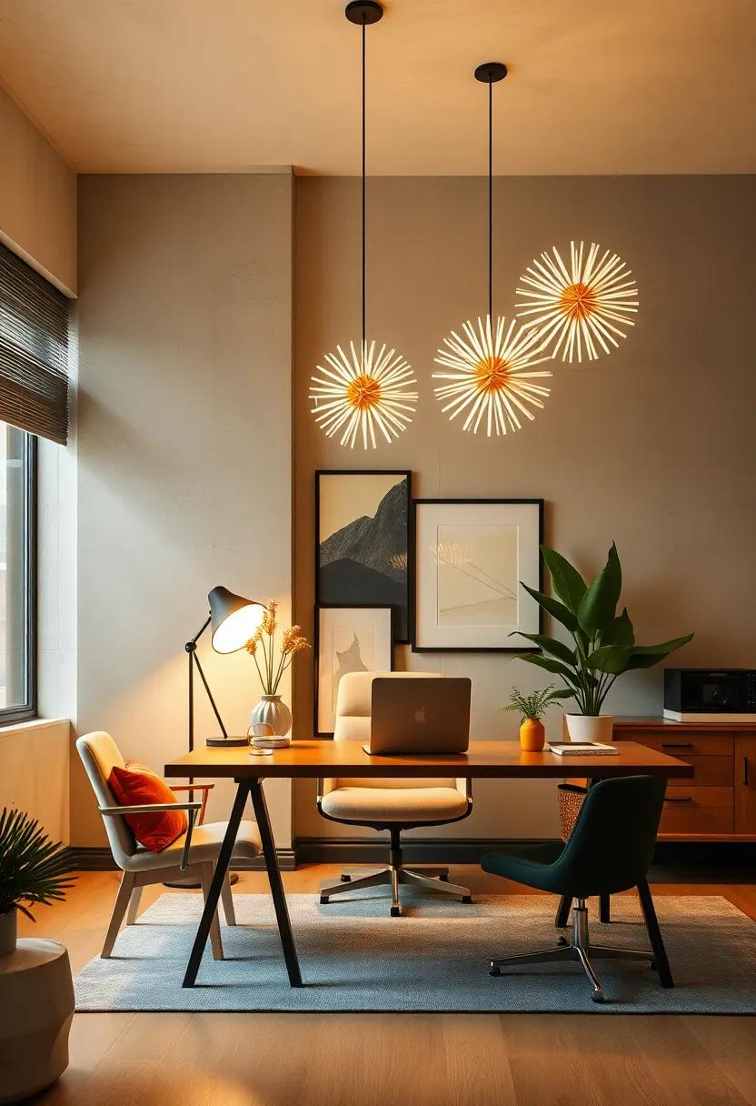 Classic Sunburst Pendant Lights Hanging Over a Polished Office Desk Creating a Retro Glow