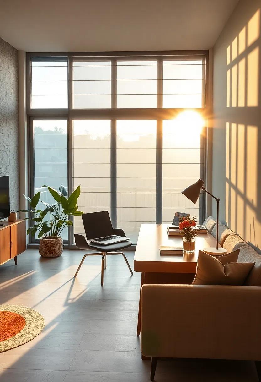 Golden Hour Lighting Casting Long Shadows Through Blinds Onto a Svelte Mid-Century Desk Arrangement