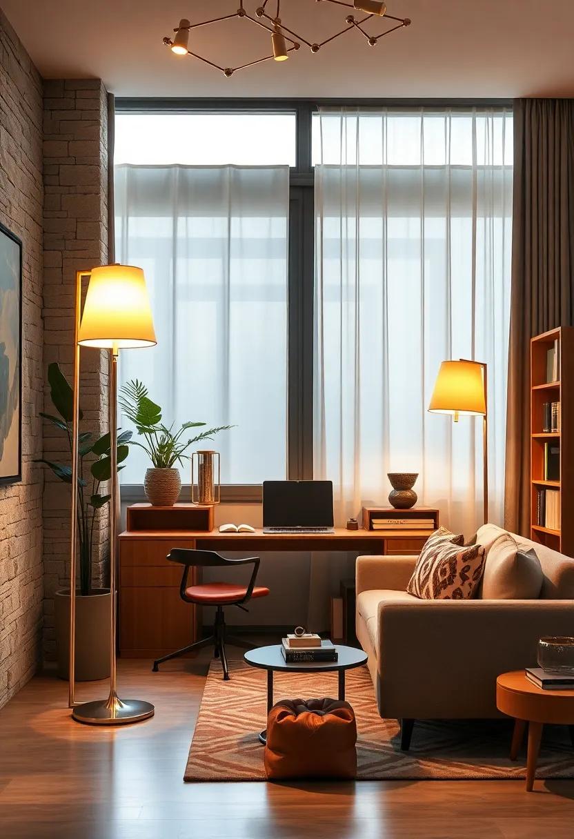 Tall Floor Lamps with Cone-Shaped Shades Providing Ambient Lighting in a Modern Vintage Office