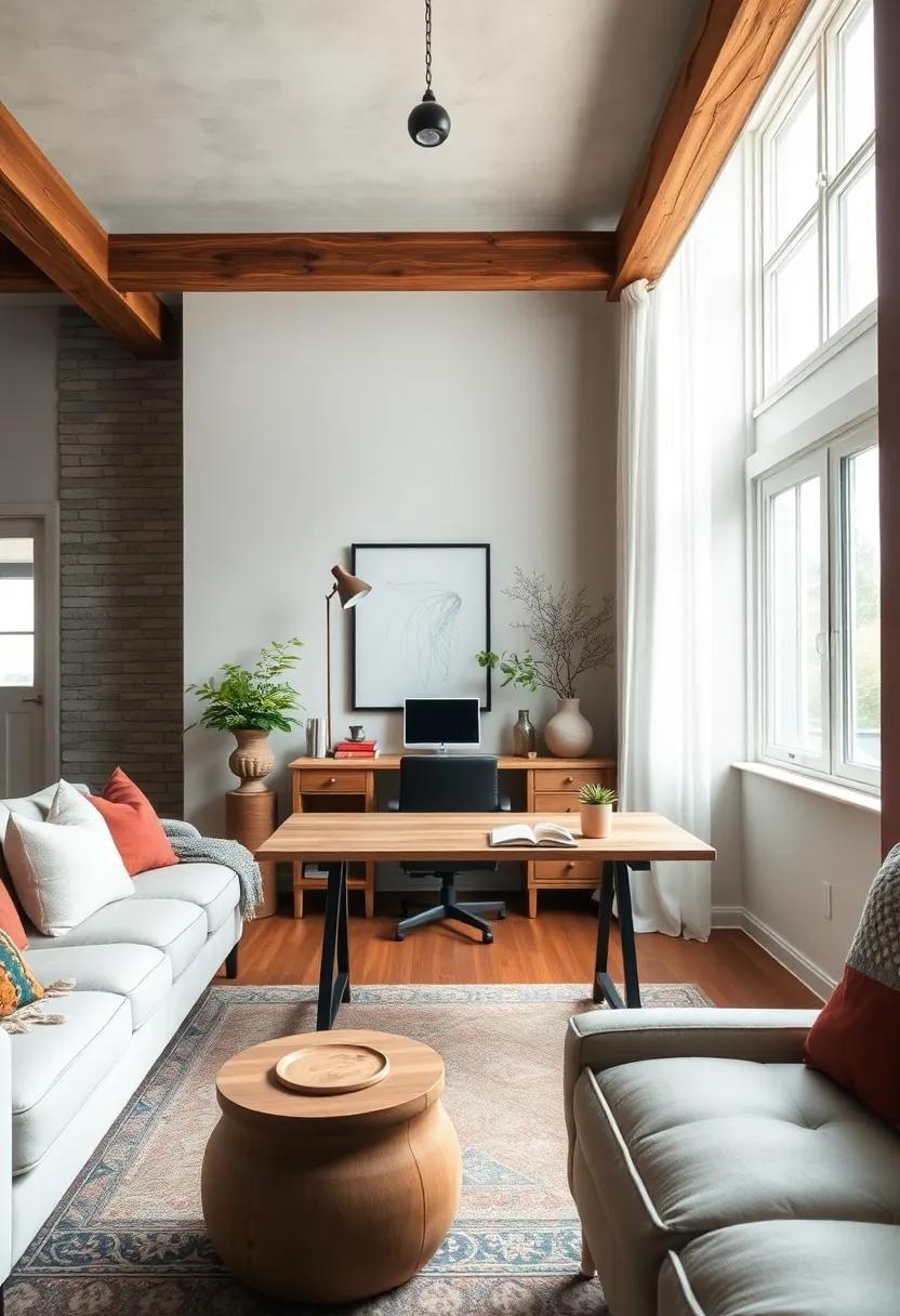 Charming Modern Farmhouse Home Office With Exposed Wood Beams And Vintage Rustic Desk