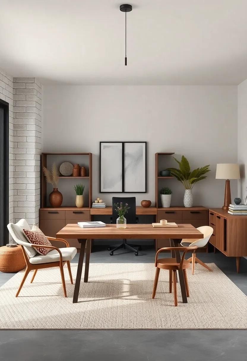 Minimalist Rustic Home Office Highlighting Sleek Wooden Desk And Natural Fiber Accessories