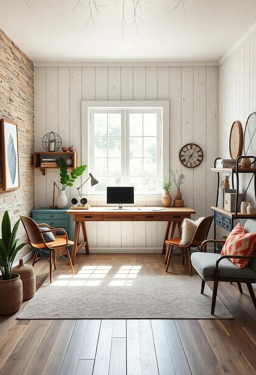 Sunlit Rustic Desk Space Surrounded By White Painted Wood Walls And Vintage Farmhouse Details