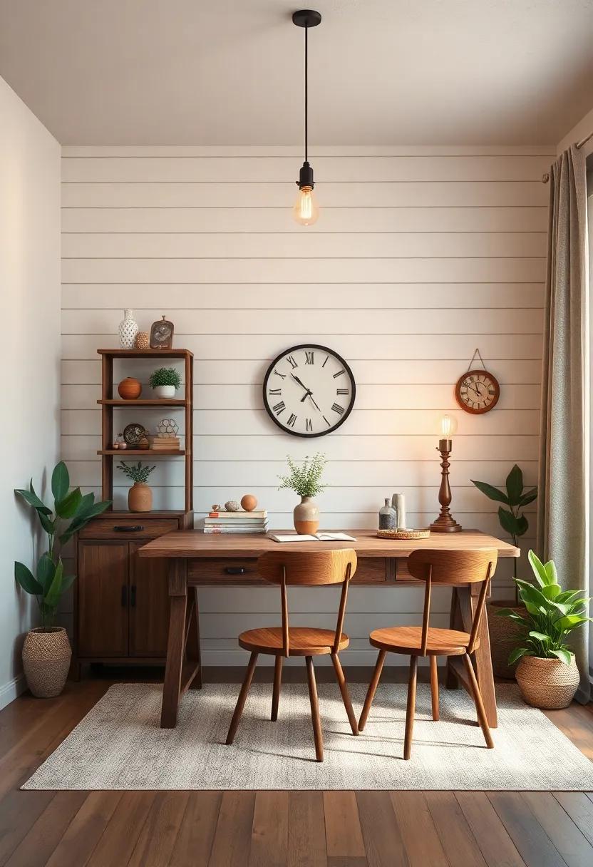 Farmhouse Office With Antique Style Desk Paired With Shiplap Walls And Warm Edison Bulb Lighting