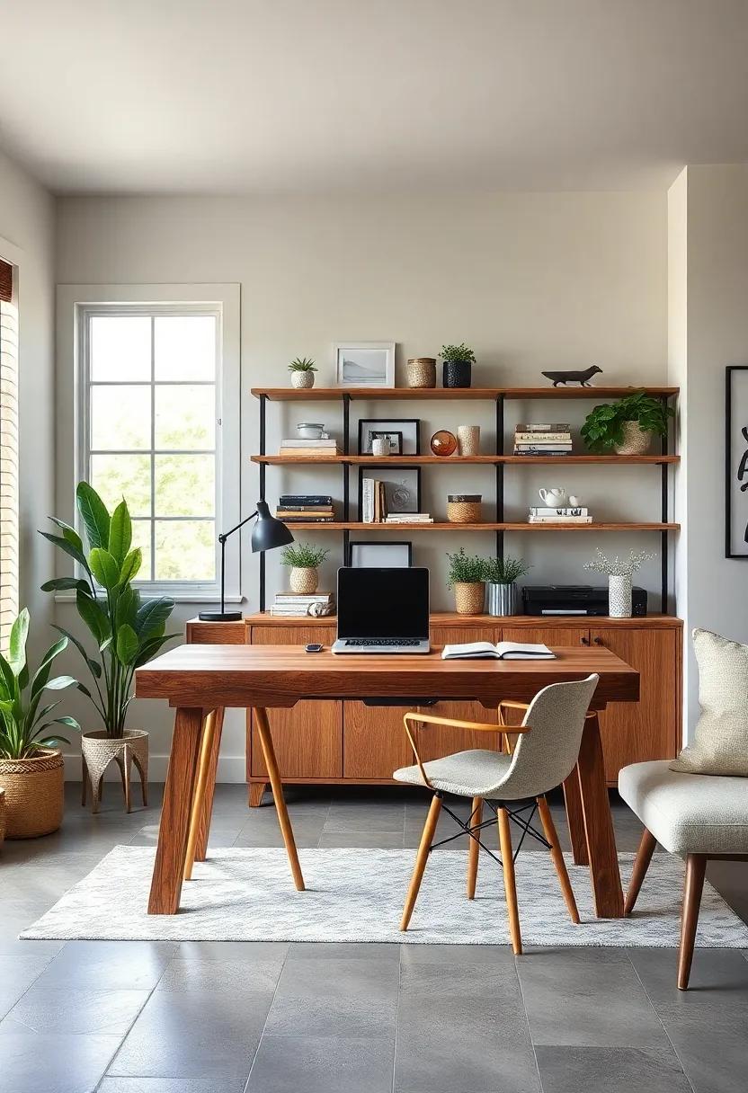 Charming Home Office With Reclaimed Wood Desk And Subtle Farmhouse Vintage Shelving Backdrop