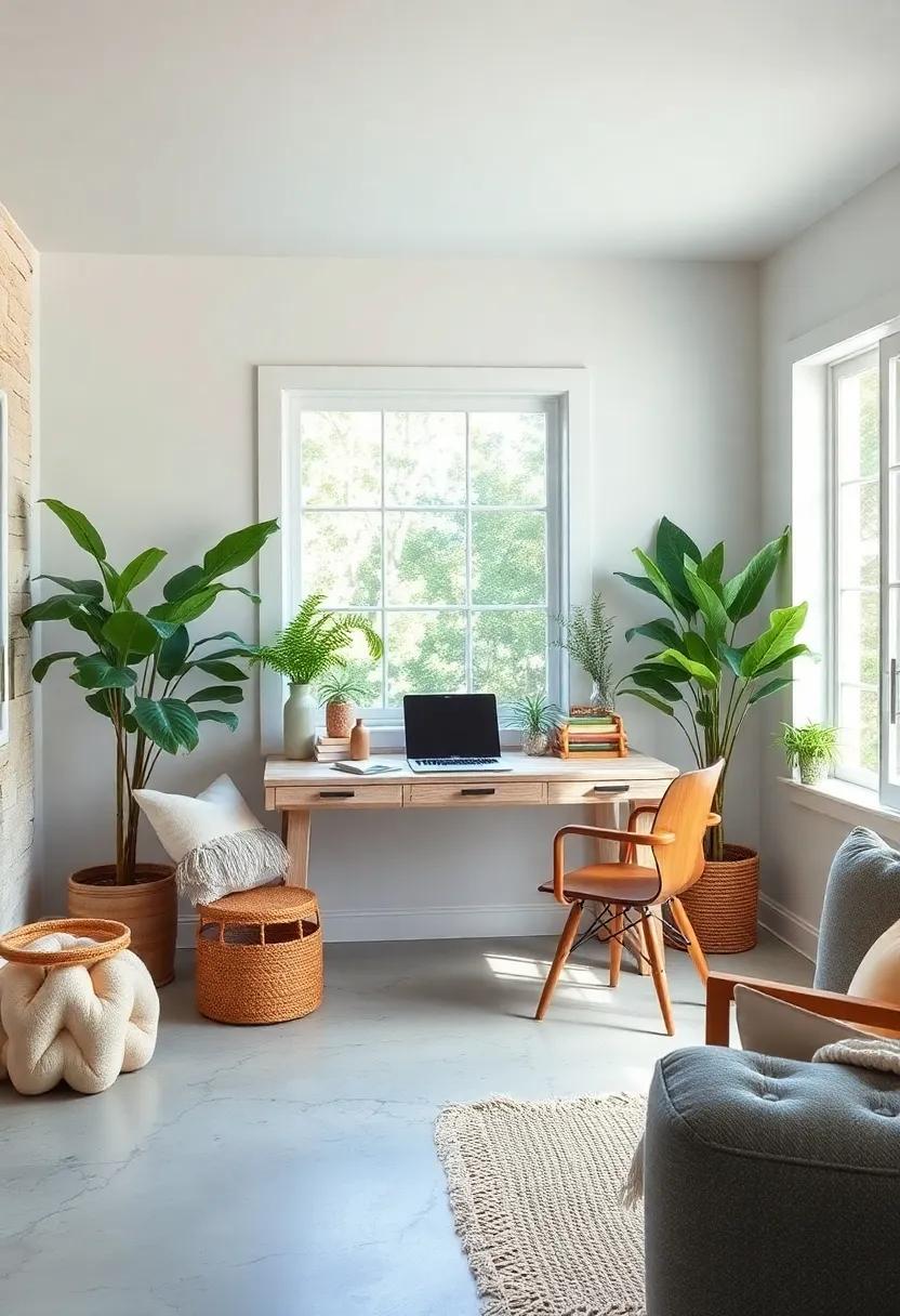 Bright And Airy Rustic Home Office Featuring A Pale Wood Desk Surrounded By Greenery And Light Fabrics