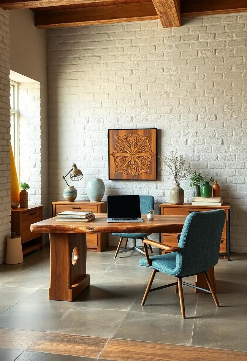 Warm Rustic Workspace With Rough Cedar Desk And Antique Accessories Mixing Old World And New Design