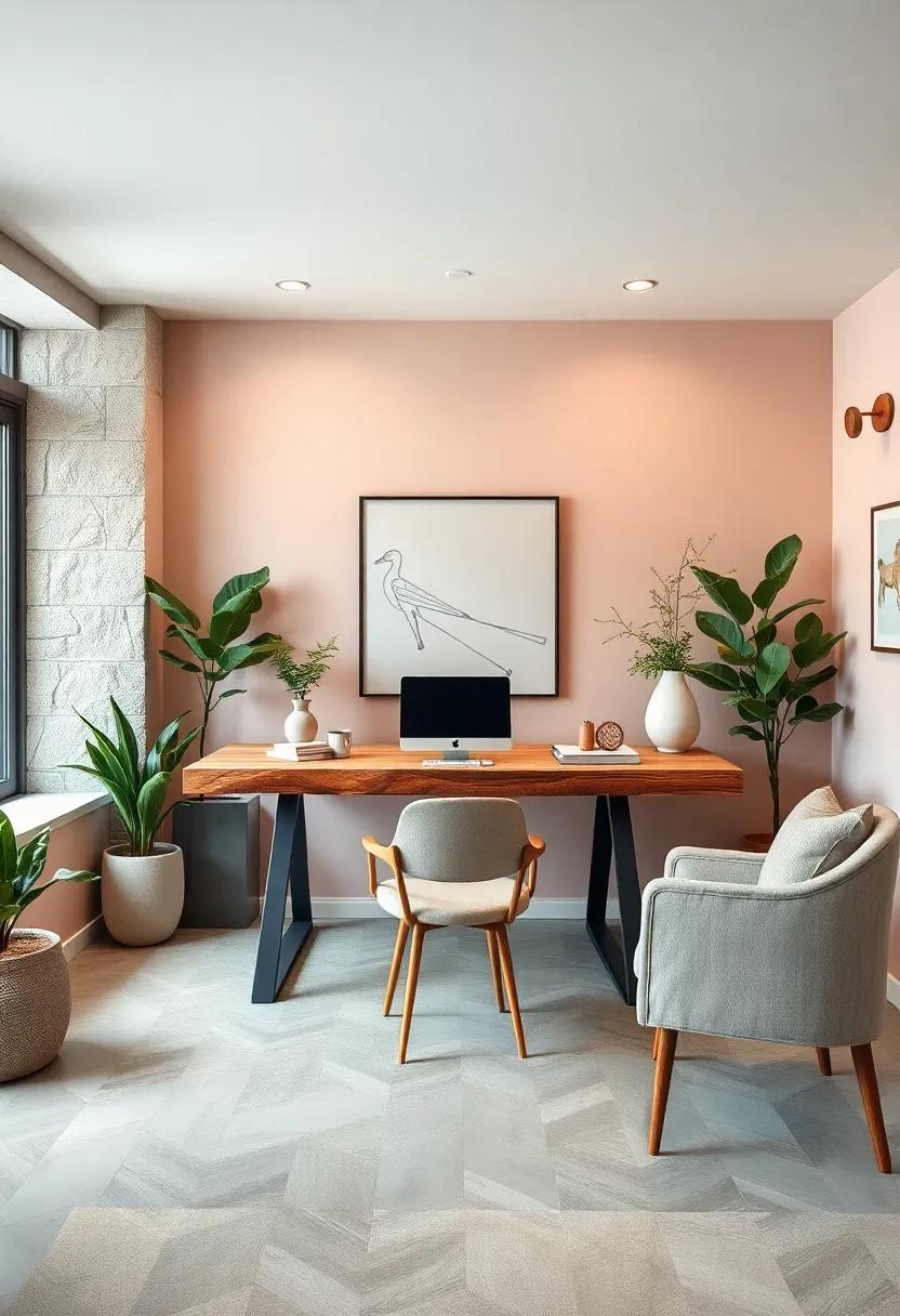 Rustic Elegance In A Modern Farmhouse Office With Raw Timber Desk And Muted Pastel Wall Colors
