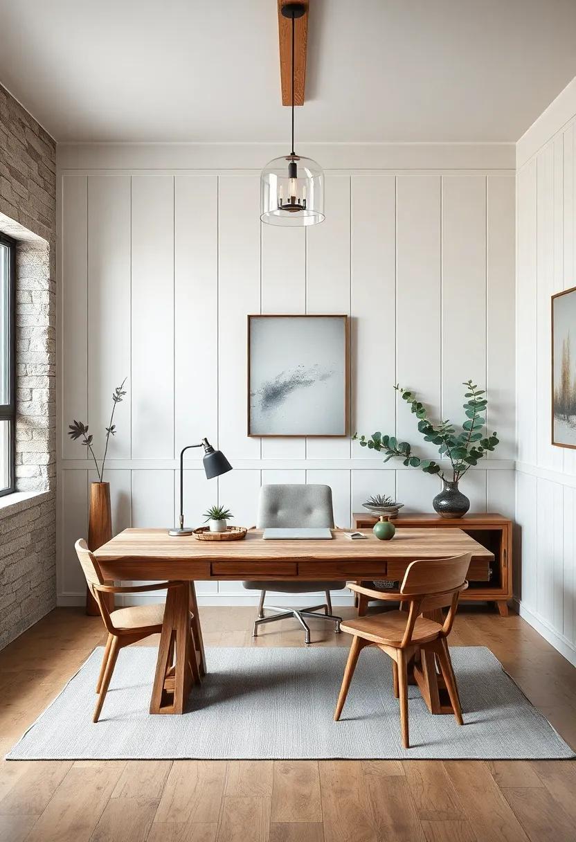 Architectural Farmhouse Home Office With Weathered Wood Desk And Clean White Paneled Walls