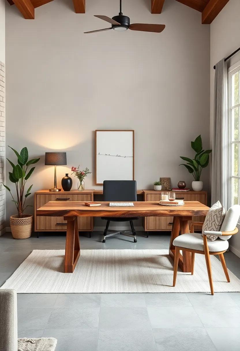 Cozy Modern Farmhouse Office Space Showcasing A Handcrafted Live-Edge Desk And Soft Layered Textiles