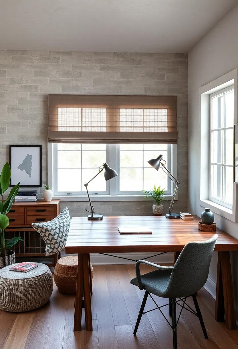 Rustic Farmhouse Charm With A Laminated Wood Desk And Vintage Metal Desk Lamp In A Cozy Setup