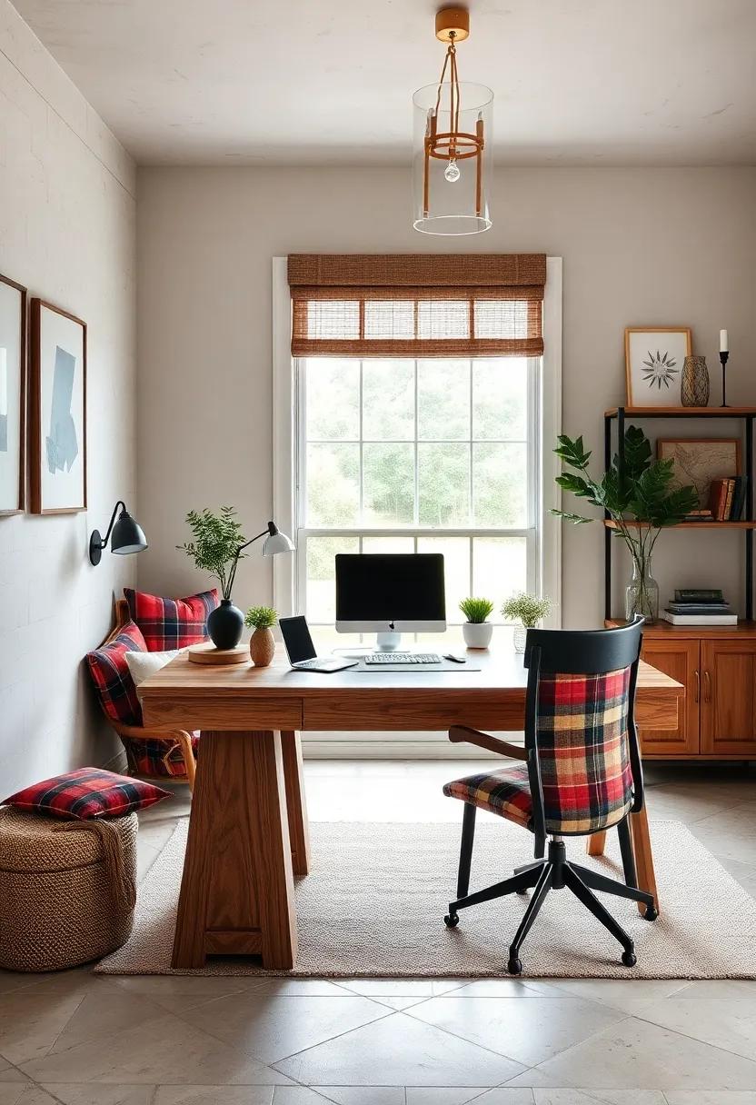 Farmhouse Inspired Workspace With A Distressed Reclaimed Oak Desk And Plaid Textile Accents