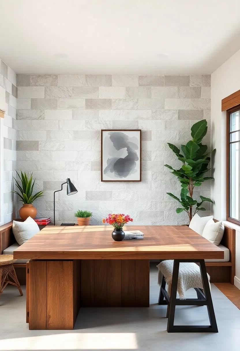 Modern Farmhouse Home Office Rendered With A Textured Wood Desk And Cozy Cushioned Seating Area