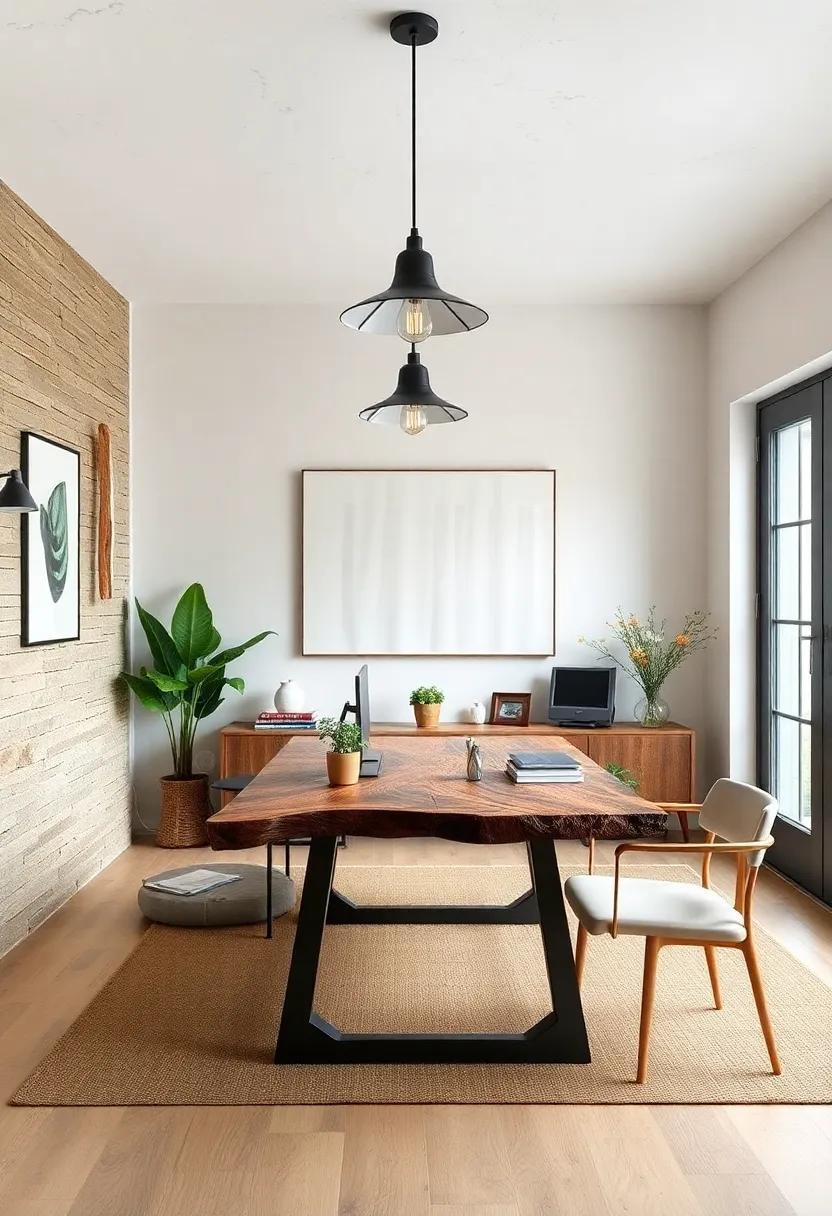 Modern Farmhouse Office Highlighting Raw Edge Wood Desk Paired With Industrial Lighting Fixtures
