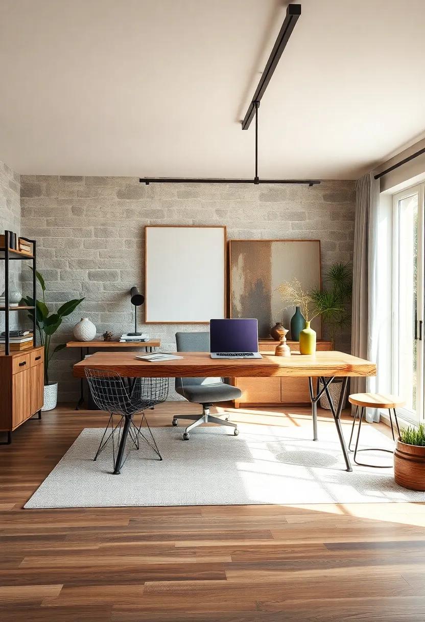 Modern Farmhouse Office Design Centered Around Rough-Sawn Wood Desk And Complementary Iron Fixtures